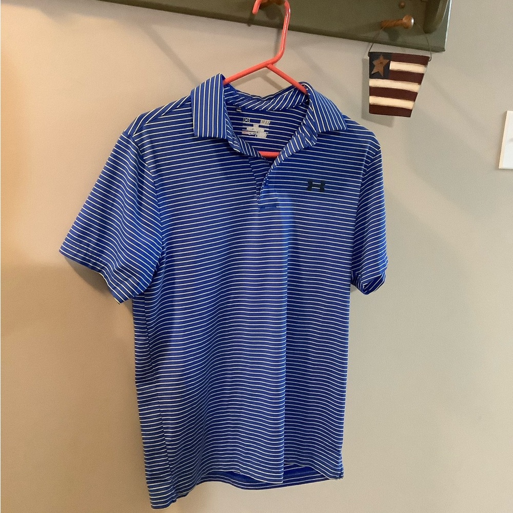 Under Armour Blue W/ Yellow Striped Golf Polo Shirt Size Small